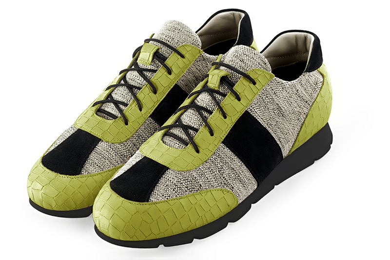 Pistachio green, ash grey and matt black three-tone dress sneakers for men. Round toe. Flat rubber soles. Front view - Florence KOOIJMAN